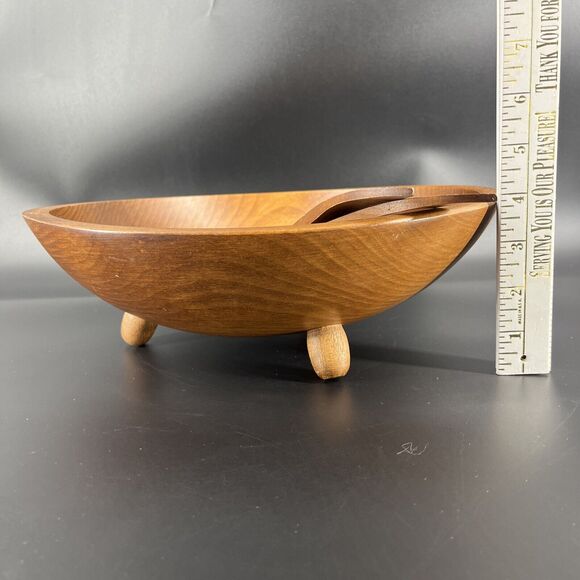 Vintage Footed Wood Salad Bowl Fork Spoon Set By Woodcraftery Made In USA - Picture 9 of 16